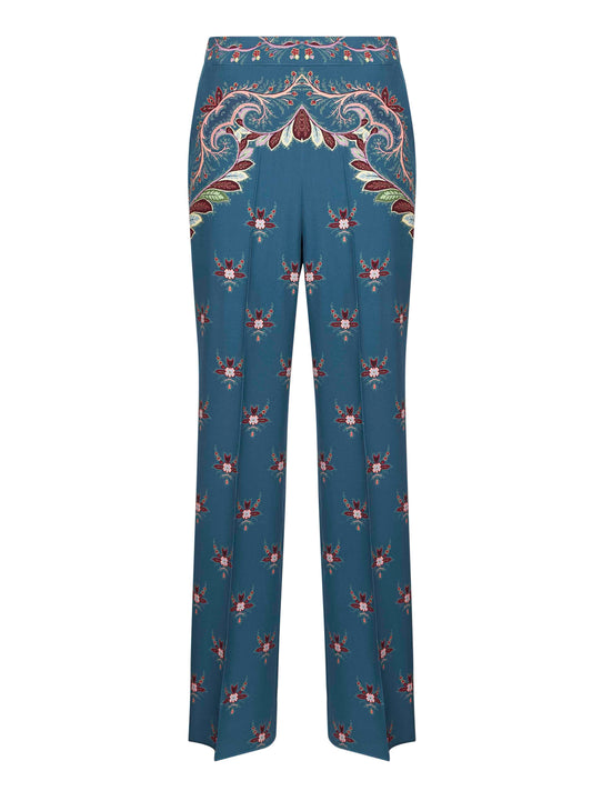 Light blue floral print crepe de chine palazzo trousers