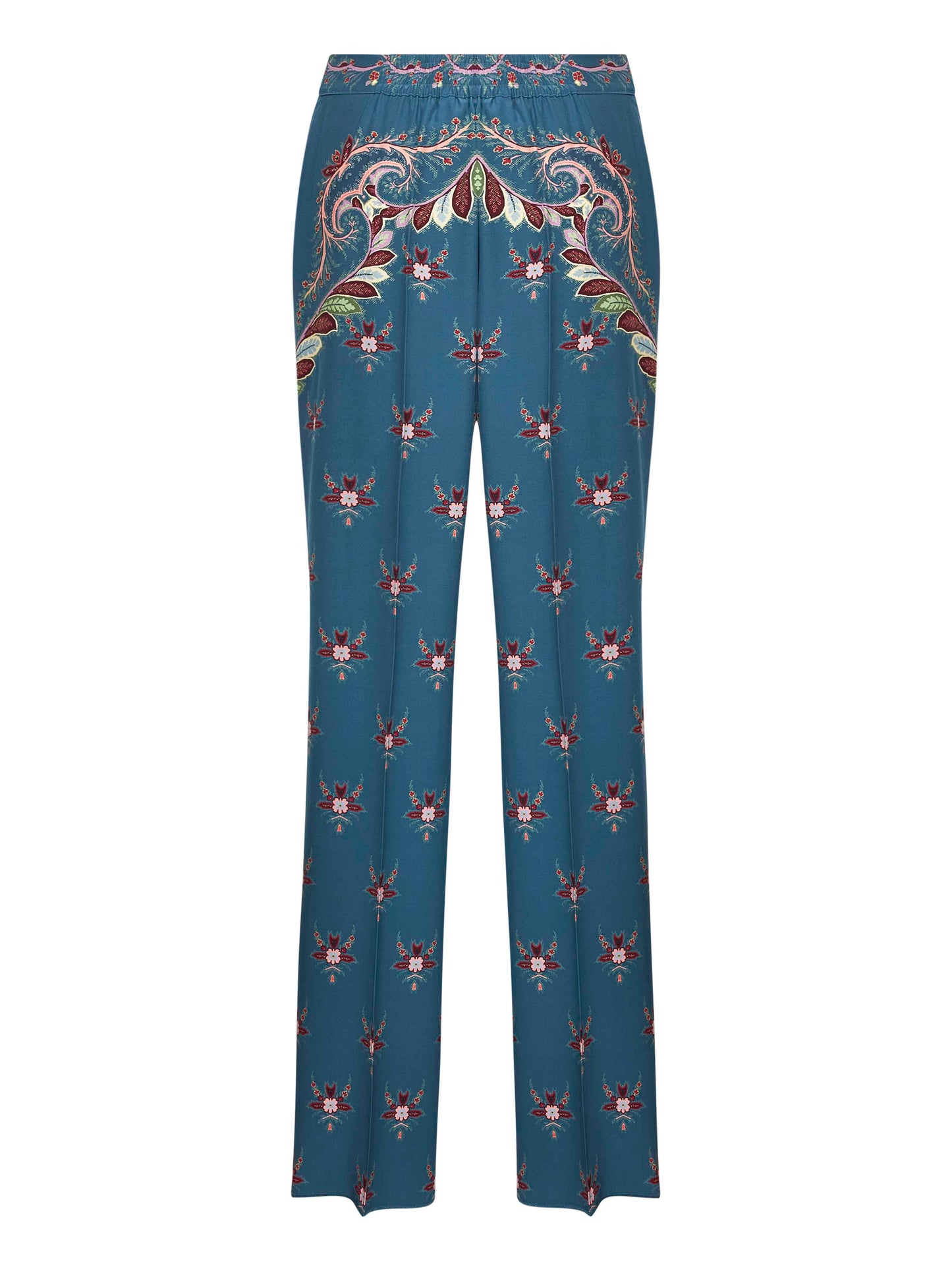 Light blue floral print crepe de chine palazzo trousers