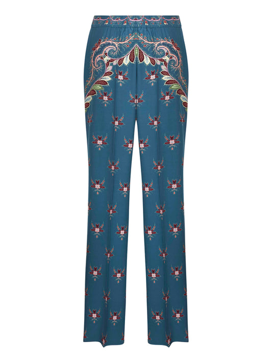 Light blue floral print crepe de chine palazzo trousers
