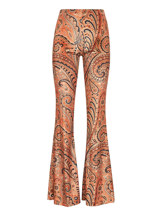 Orange Paisley print stretch chenille flared trousers
