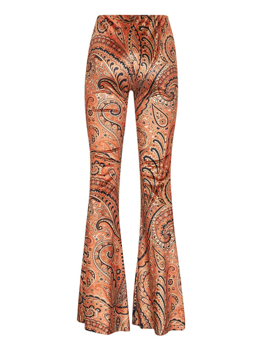 Orange Paisley print stretch chenille flared trousers