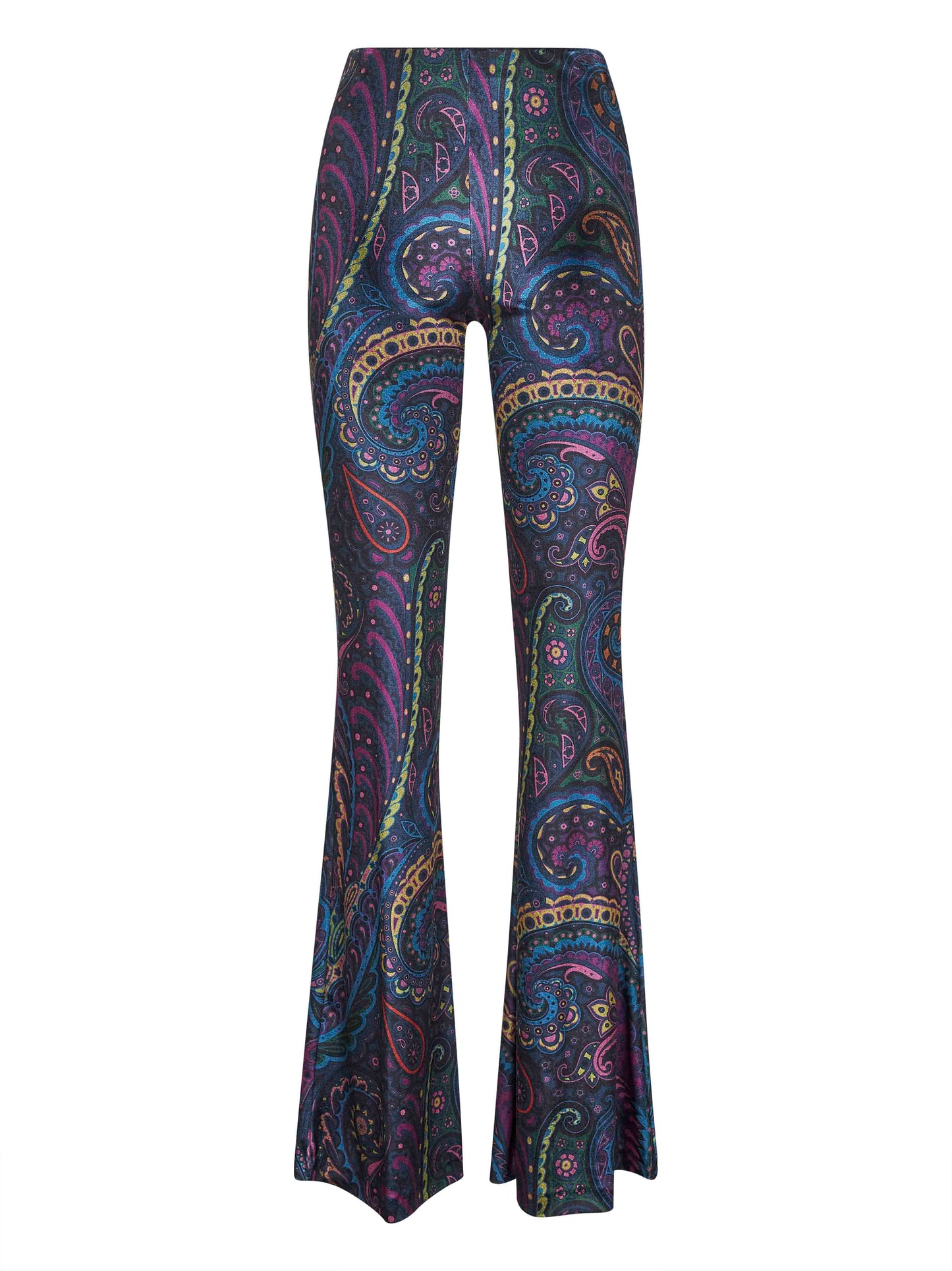 Blue Paisley print stretch chenille flared trousers