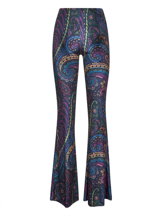 Blue Paisley print stretch chenille flared trousers