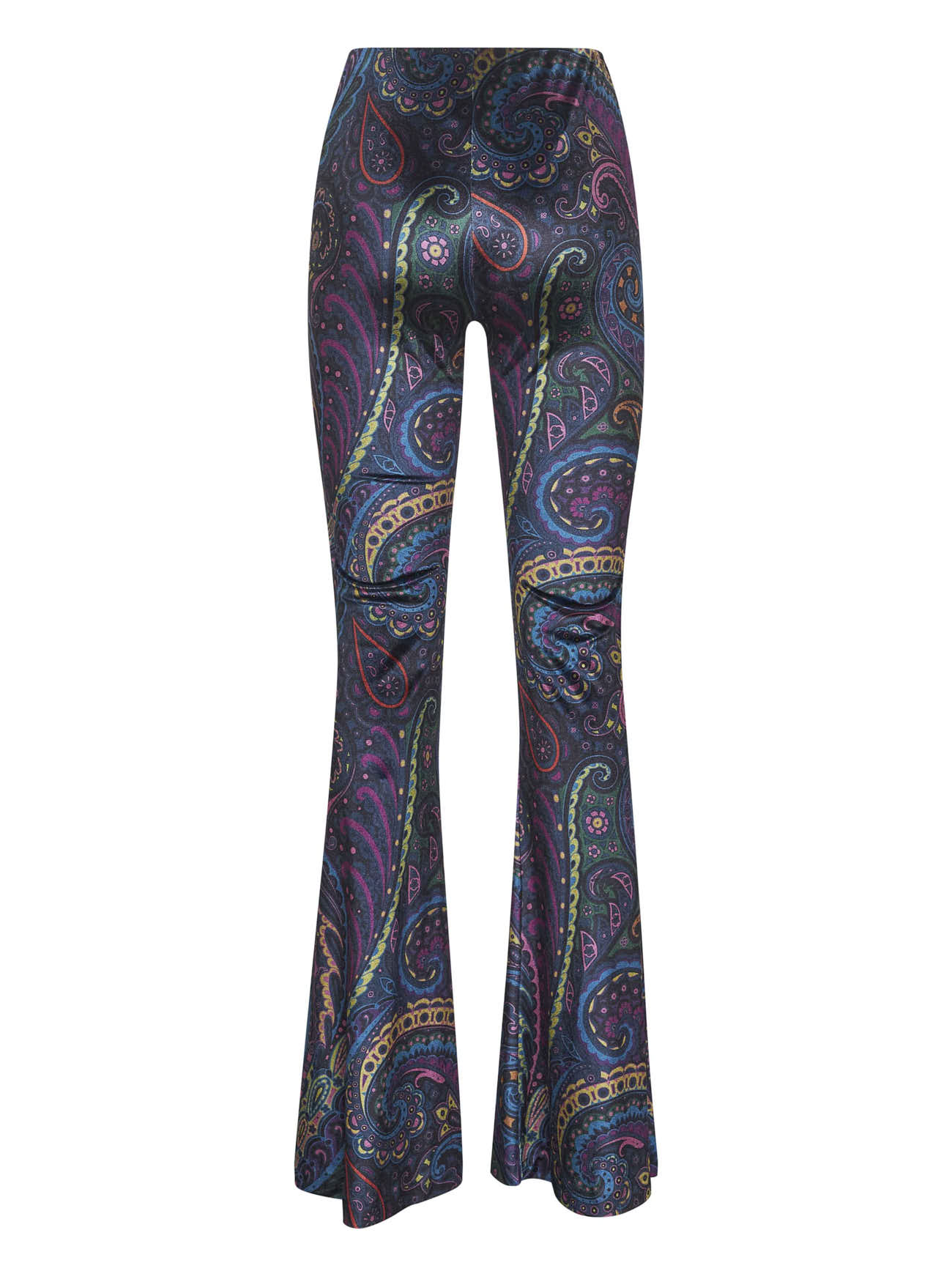 Blue Paisley print stretch chenille flared trousers