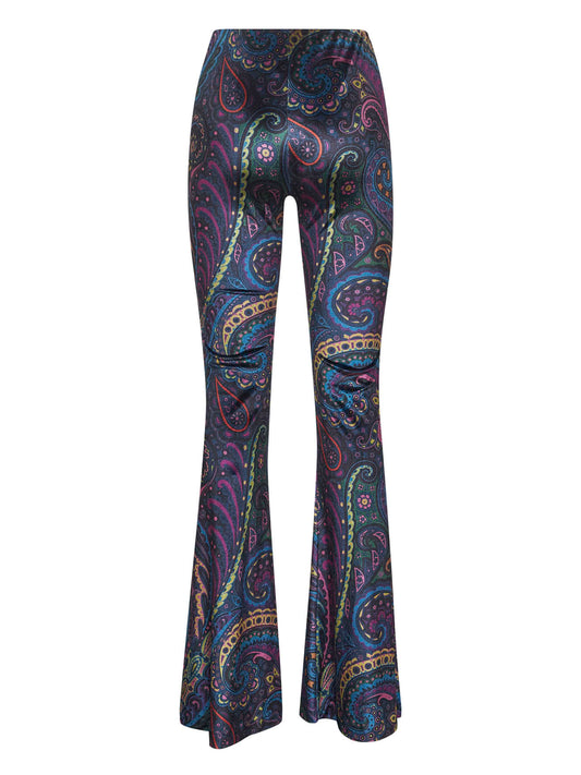 Blue Paisley print stretch chenille flared trousers