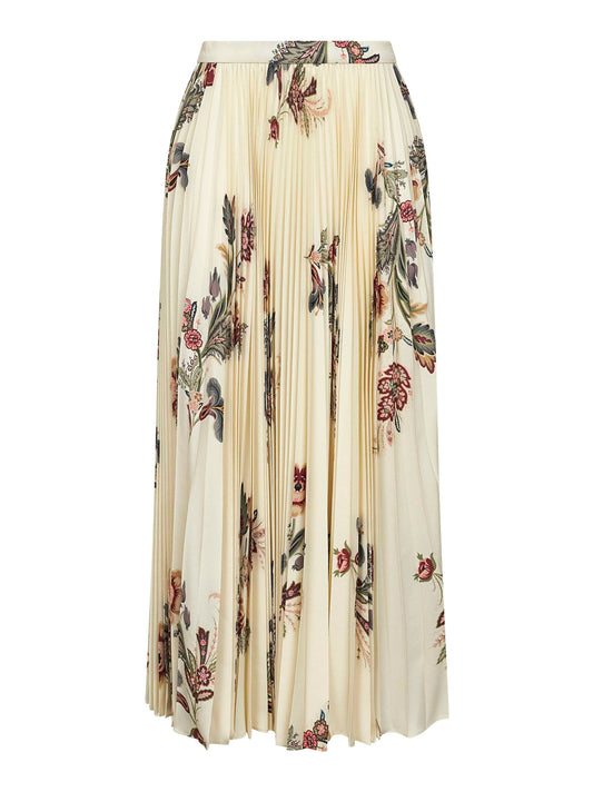Beige floral print sablé pleated midi skirt