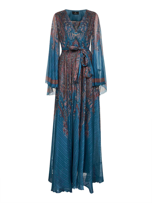 Light blue Paisley print pekin crepon long dress