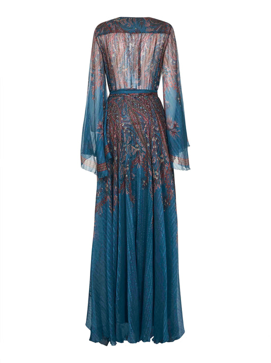 Light blue Paisley print pekin crepon long dress