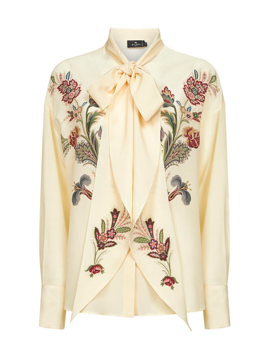 Beige floral print silk crêpe de Chine blouse