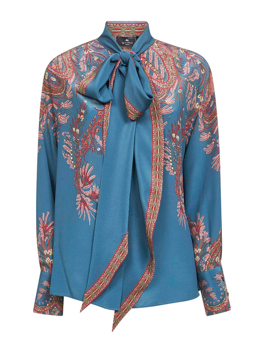 Light blue printed crêpe de Chine silk blouse
