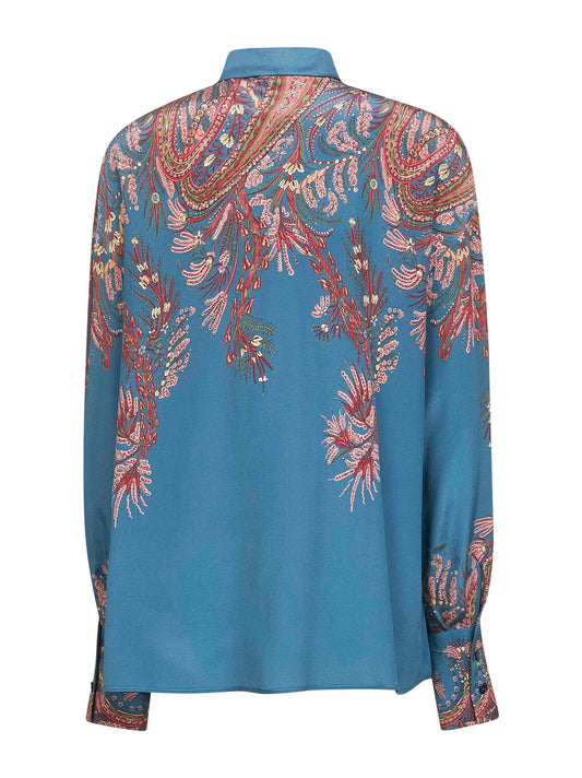 Light blue printed crêpe de Chine silk blouse