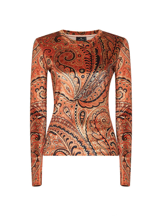 Orange Paisley print stretch chenille top