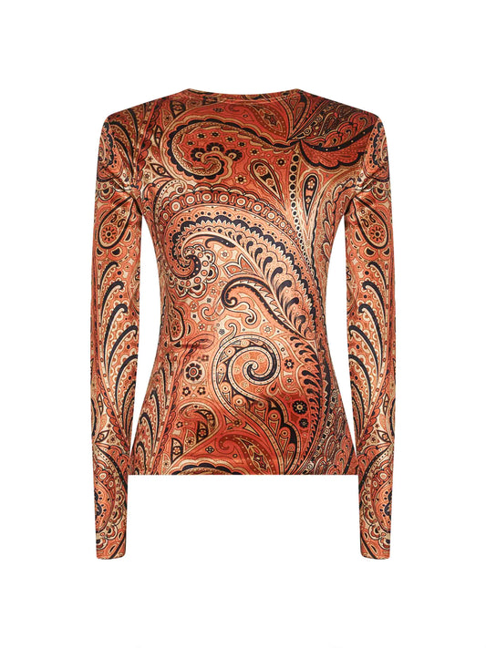 Orange Paisley print stretch chenille top