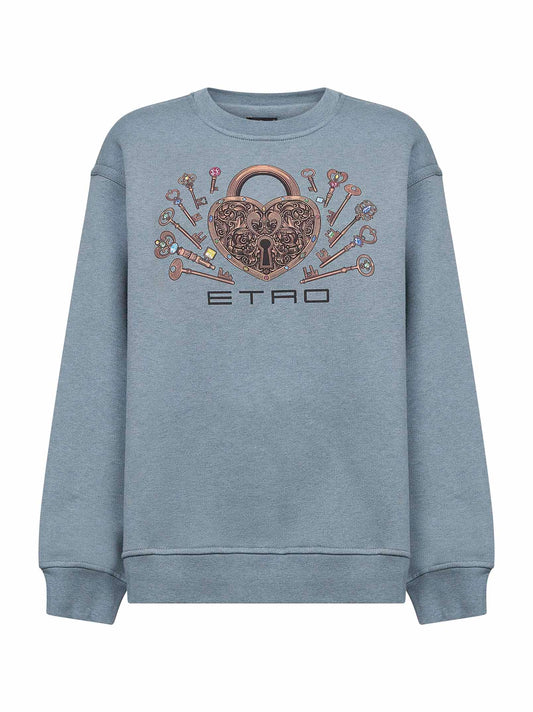 Felpa stampata in cotone ottanio