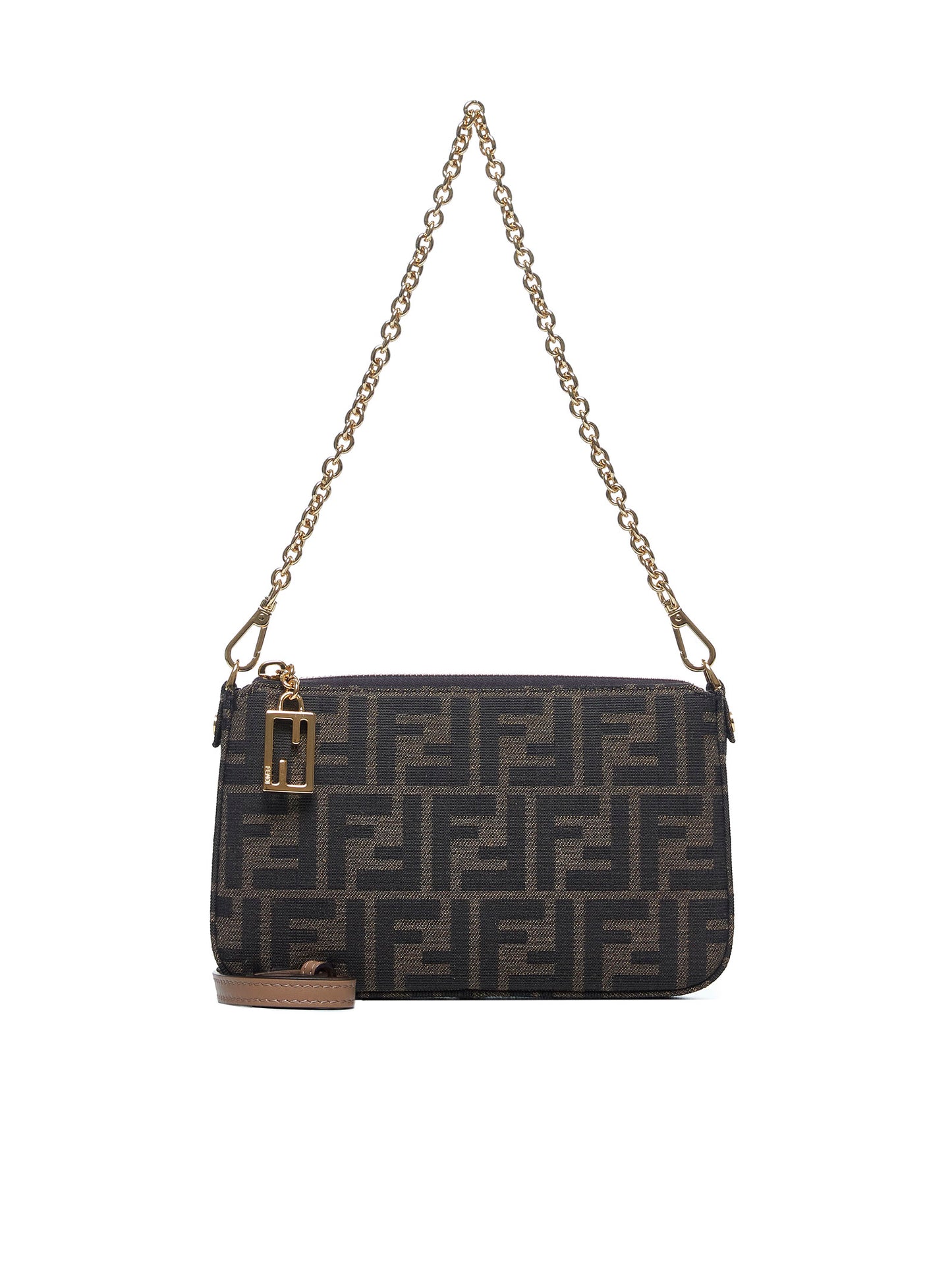 Pouch Baguette Pouch con catena in tessuto FF jacquard marrone