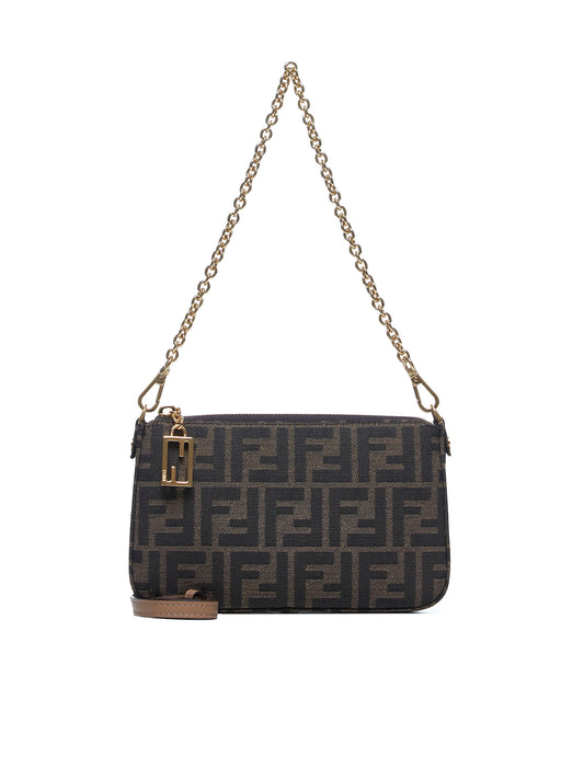 Pouch Baguette Pouch con catena in tessuto FF jacquard marrone