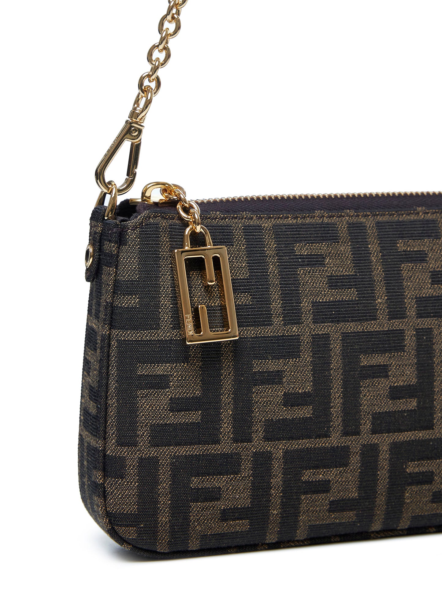 Pouch Baguette Pouch con catena in tessuto FF jacquard marrone