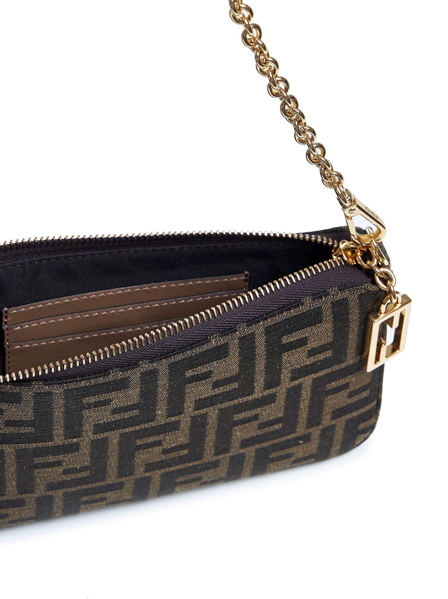Pouch Baguette Pouch con catena in tessuto FF jacquard marrone