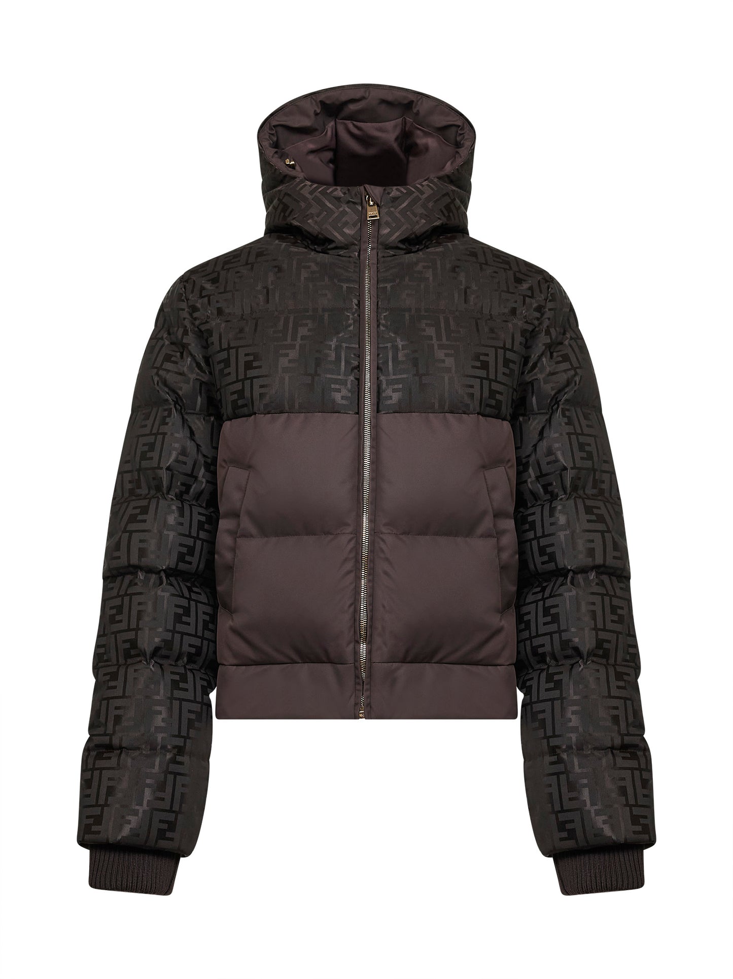 Piumino con cappuccio in nylon FF marrone