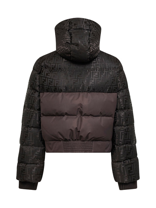 Piumino con cappuccio in nylon FF marrone