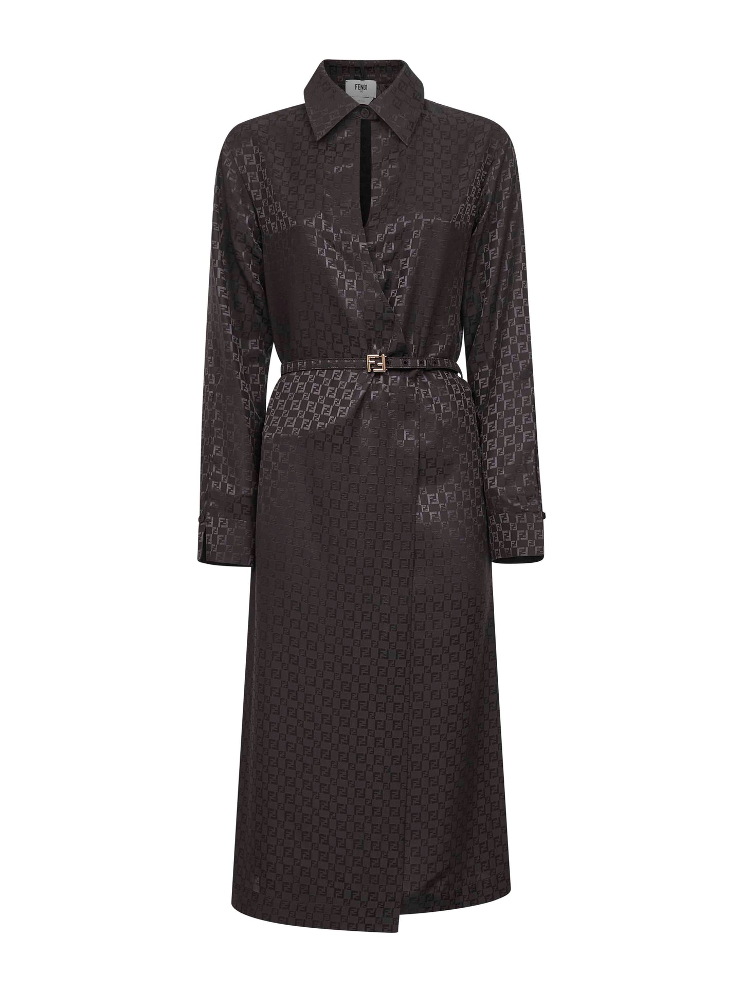 Brown jacquard FF silk midi shirtdress