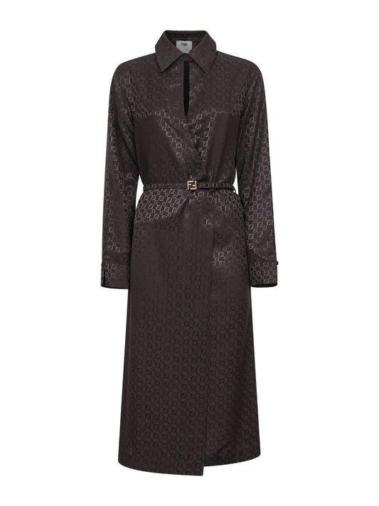 Brown jacquard FF silk midi shirtdress