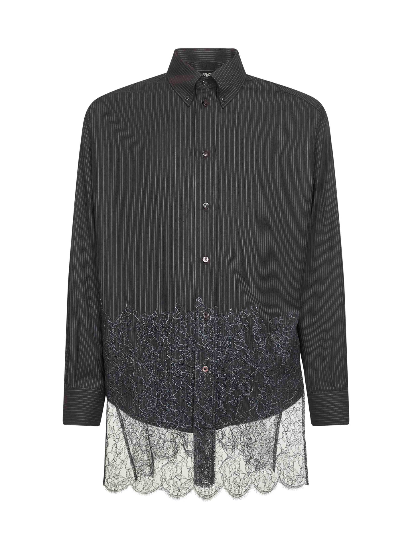 Camicia in lana gessata e pizzo nero