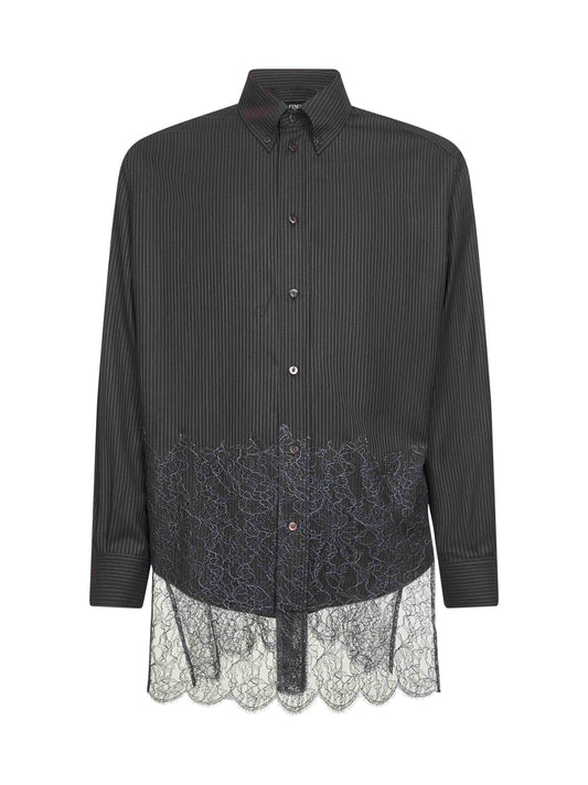 Black pinstriped wool and lace shirt