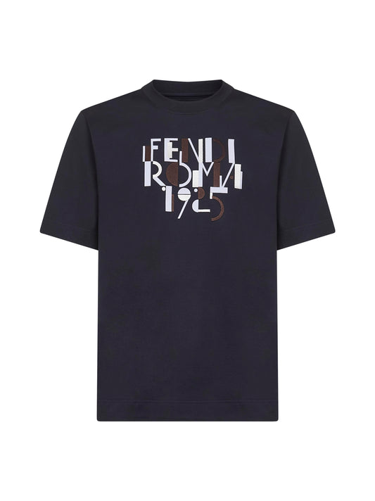 T-Shirt in cotone blu con stampa Fendi Roma 1925