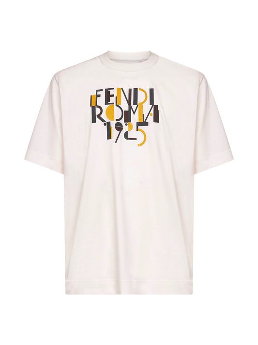 T-Shirt in cotone avorio con stampa Fendi Roma 1925