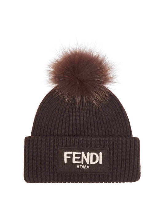 Brown wool beanie with pompom