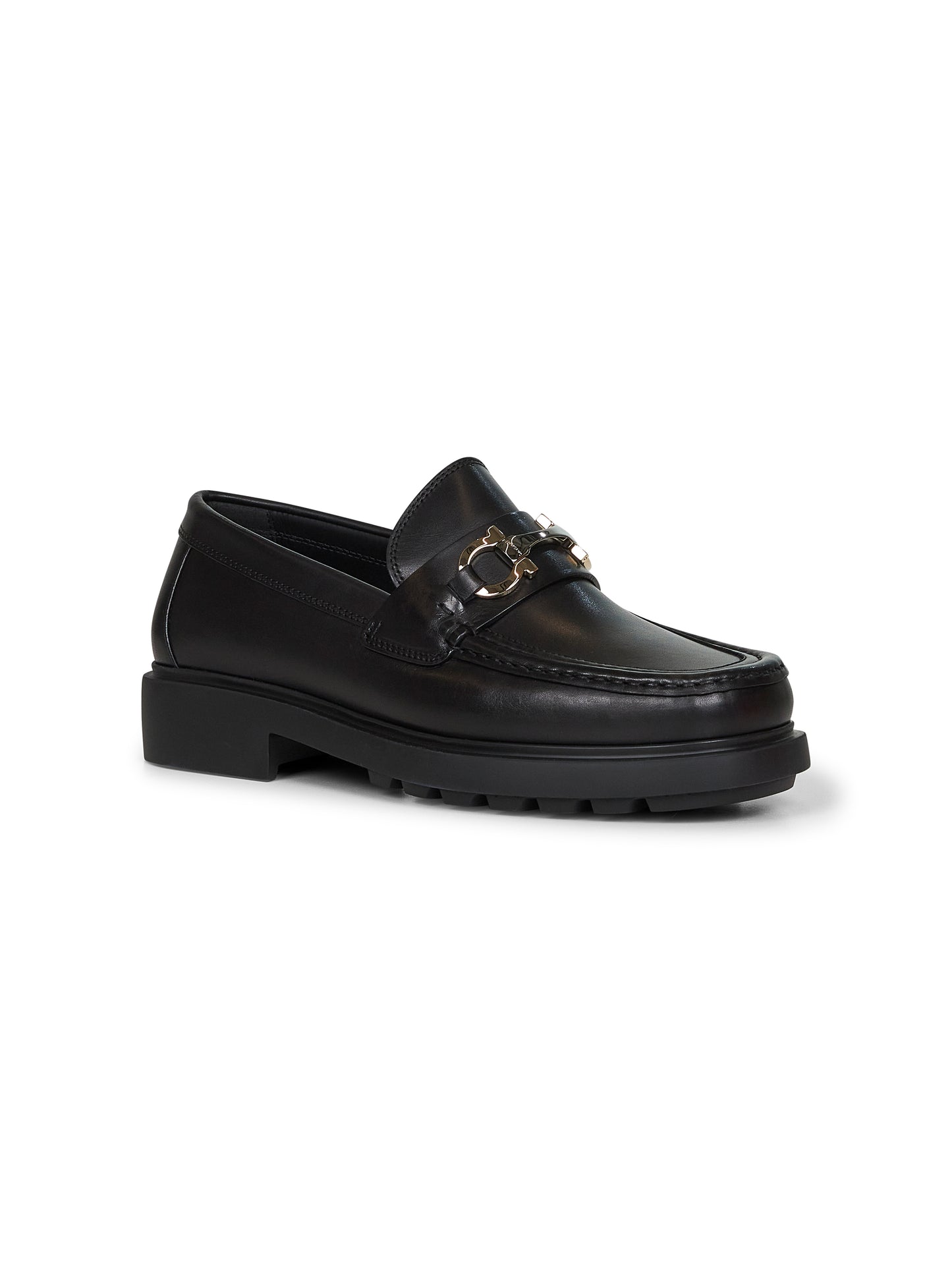 Mocassin in pelle nera con ornamento Gancini