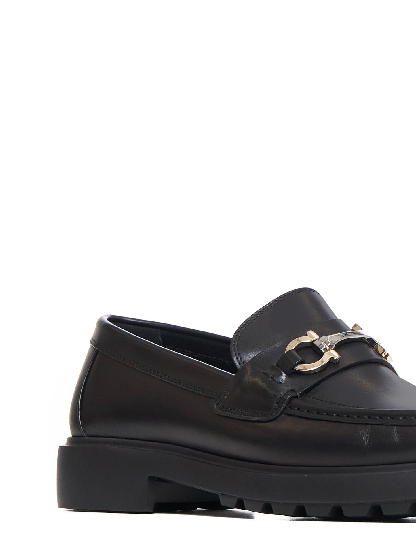 Black leather loafers with Gancini ornament