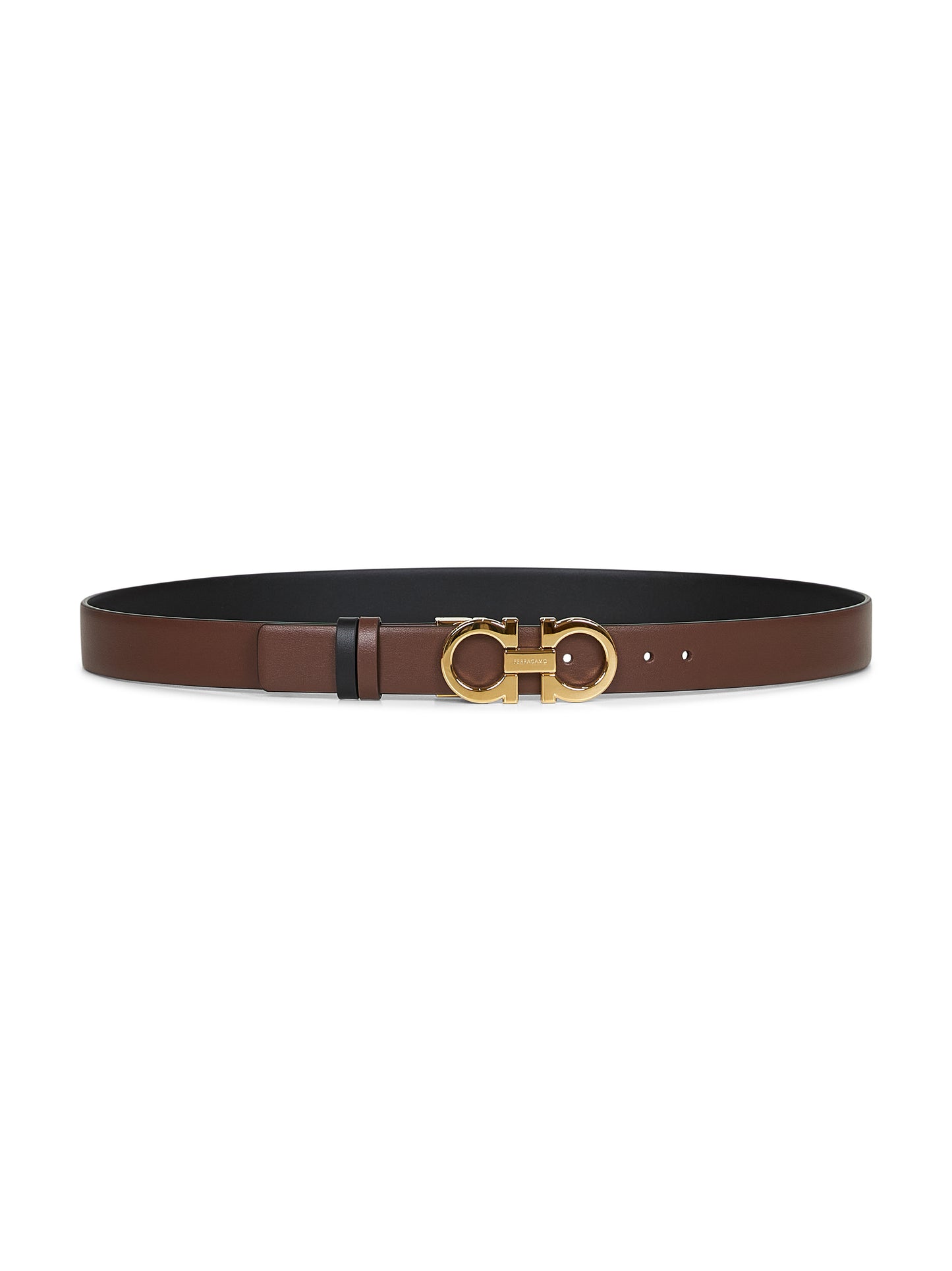 Cocoa brown leather Gancini reversible belt<BR/>