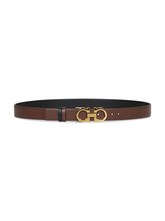 Cocoa brown leather Gancini reversible belt<BR/>
