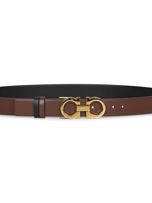 Cocoa brown leather Gancini reversible belt<BR/>