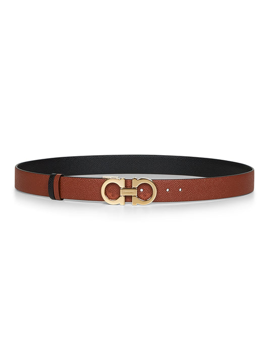 Cintura reversibile Gancini in pelle cognac<BR/>