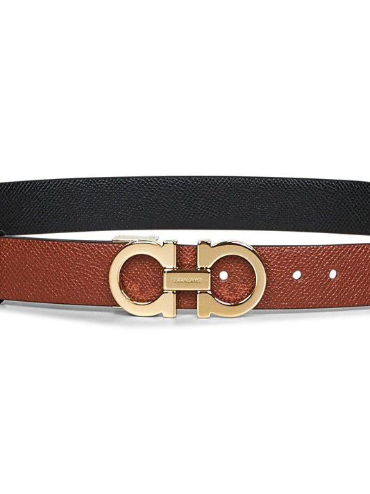 Cintura reversibile Gancini in pelle cognac<BR/>