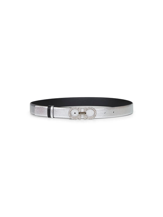 Silver laminated calf leather Gancini belt