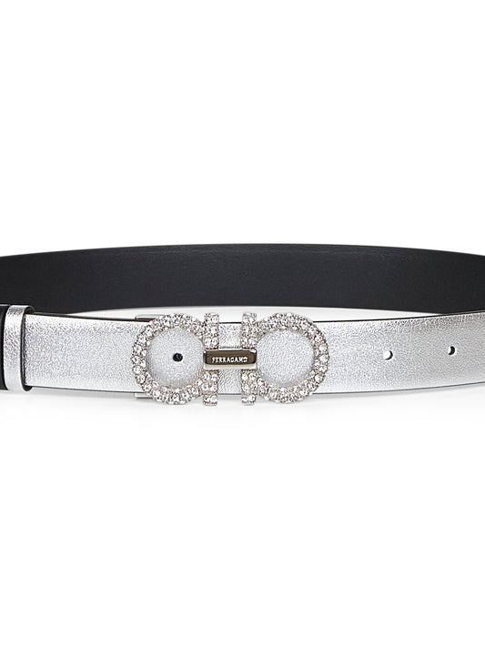 Silver laminated calf leather Gancini belt