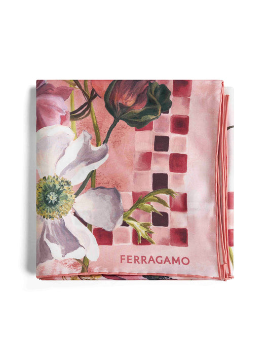 Pink Fiori print silk twill scarf