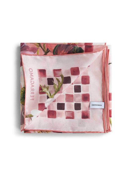 Pink Fiori print silk twill scarf