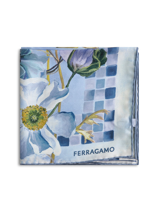 Sky blue Fiori print silk twill scarf