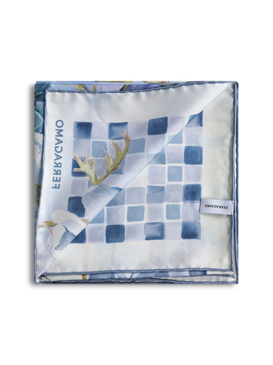 Sky blue Fiori print silk twill scarf