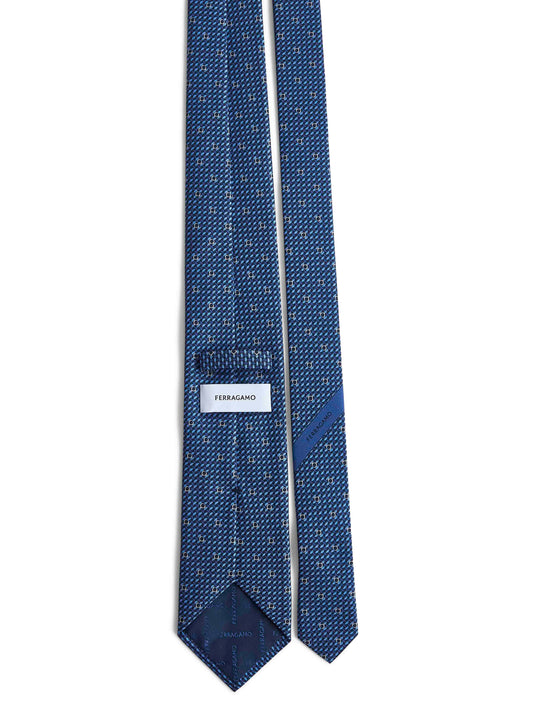 Cravatta in seta blu stampa Gancini