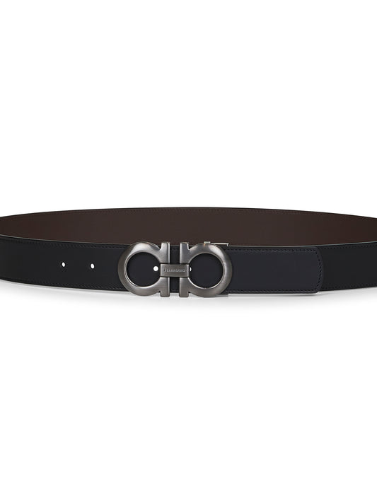 Black leather Gancini reversible belt