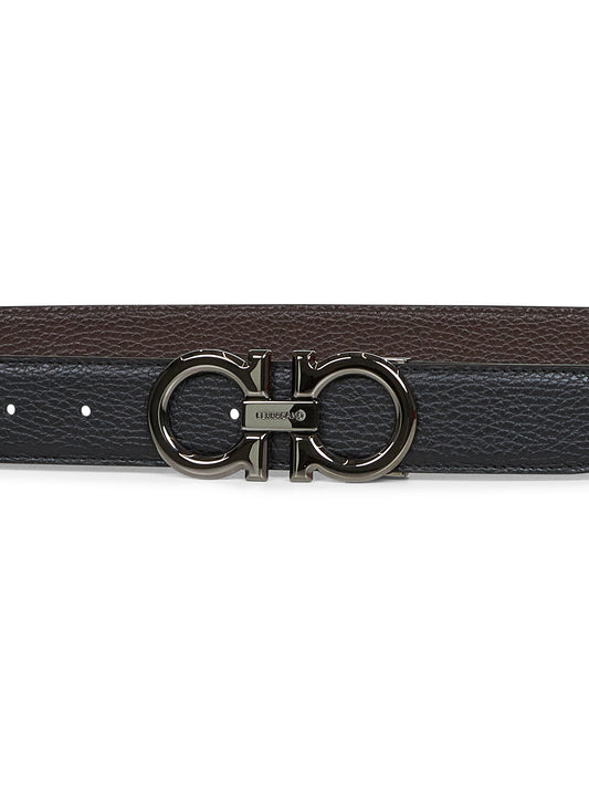 Cintura reversibile Gancini in pelle nera