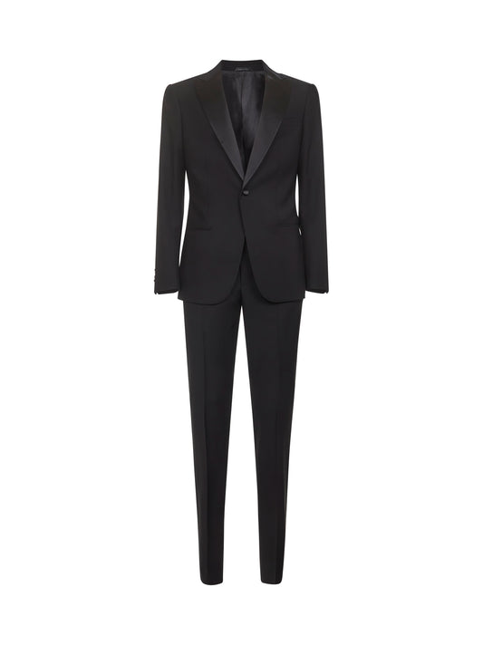 Black virgin wool tuxedo suit<BR/>