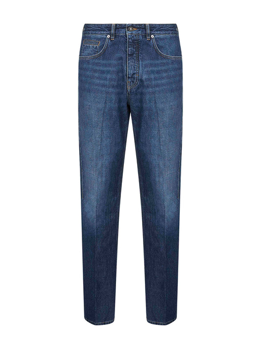 Jeans dritti in denim slavato blu<BR/>