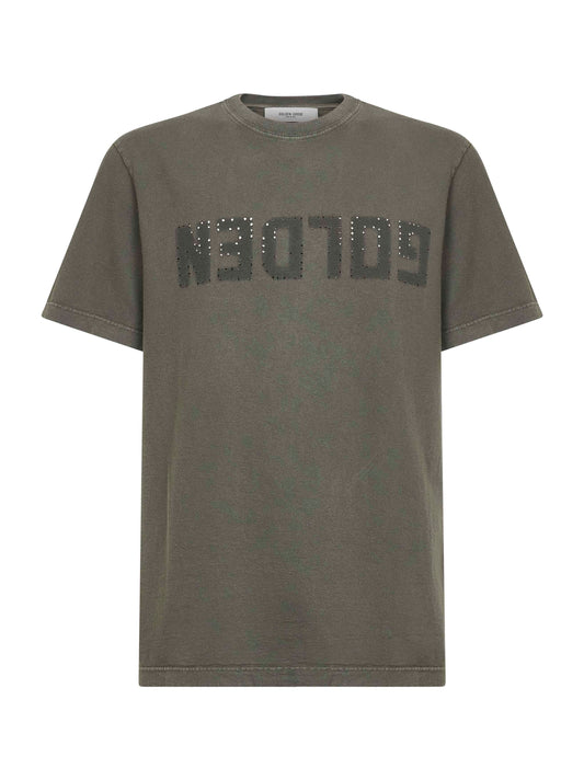T-shirt girocollo "Golden" in cotone verde<BR/>